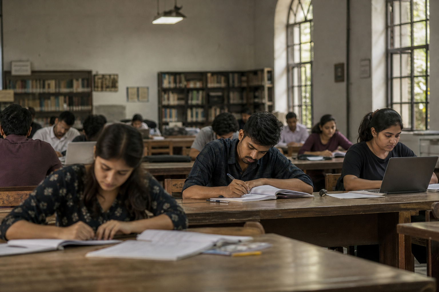 Students studying in a quiet library